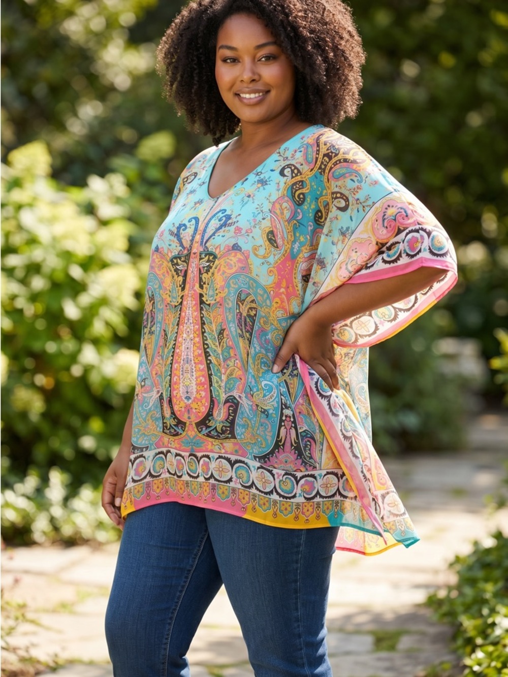 Lane Bryant Printed V-Neck Tunic Top in Aqua Paisley